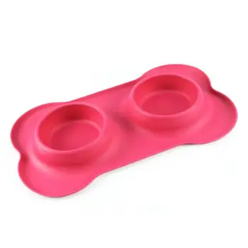 

BPA free silicone stainless steel bowl Double Dog Bowls Stainless Steel Bone Shape Food Container for Dogs Feeding Food psw0717