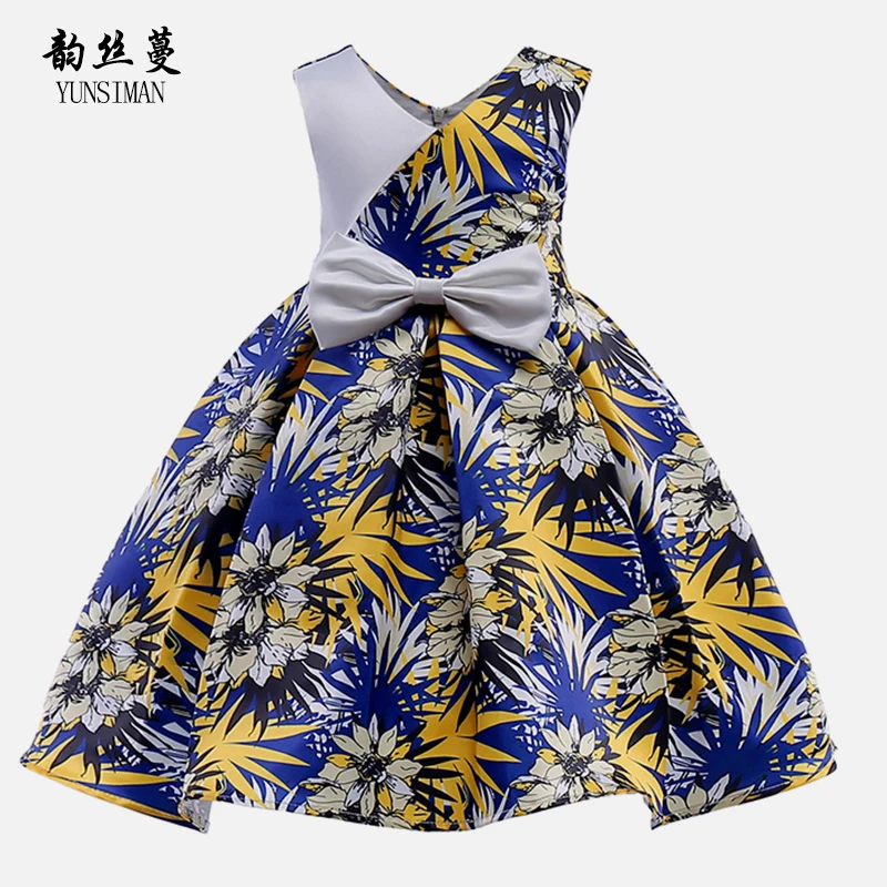 

New Kids Print Dress for Girl 2 4 6 8 to 10 Years O-neck Bow Green Red Party Christmas Dresses Girls Thanksgiving Costume 42C30