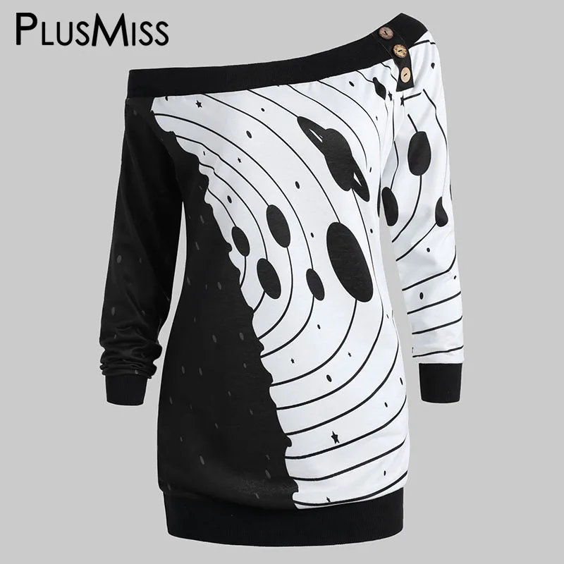 PlusMiss размера плюс 5XL-L черный белый цвет принтом сексуальный вырез открытая косым