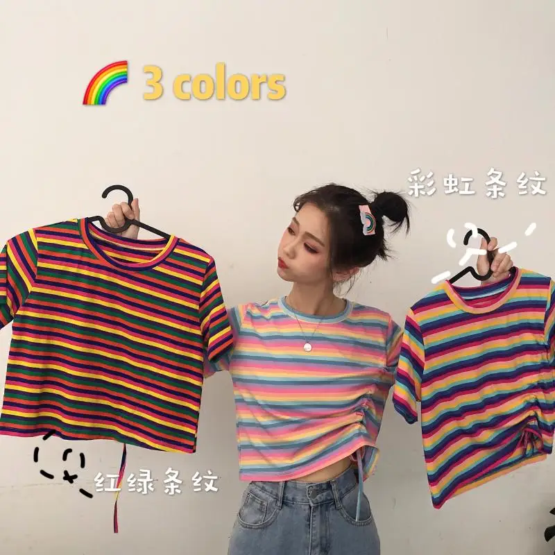 

Lychee Girls Casual Rainbow Stripe Women T-shirt Top Tees Drawstring Lace Up Short Sleeve Summer Crew Neck Loose Female T Shirt