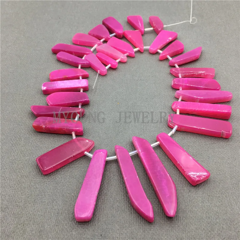 MY0592 Polished Fuchsia Agates Stick Slab Beads,Pink Dagger Shape Spike Point Drilled Necklace Making Beads