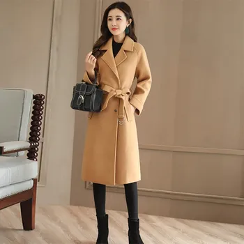 

Woolen Jacket Female 2019 Autumn And Winter New Temperament Lady Fashion Waist Was Thin The Long Section Over The Knee Outerwear