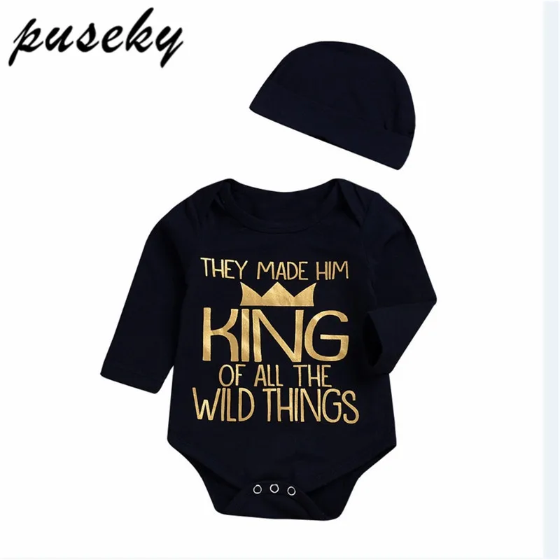 

Puseky Autumn Baby Bodysuits Unisex Boys Girls Cotton Long Sleeve Jumpsuits O-neck Golden Letter Crown With Cap Babies Clothing