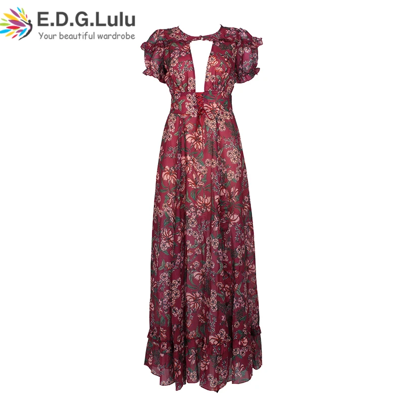 Maxi jurk floor lengte chic sexy casual club beach party elegante bloemen gedrukt banden bladerdeeg mouw chiffon nieuwe collectie 2018 vrouwen Maxi jurk floor lengte chic sexy casual club beach party elegante bloemen gedrukt banden bladerdeeg mouw chiffon nieuwe collectie 2018 vrouwen