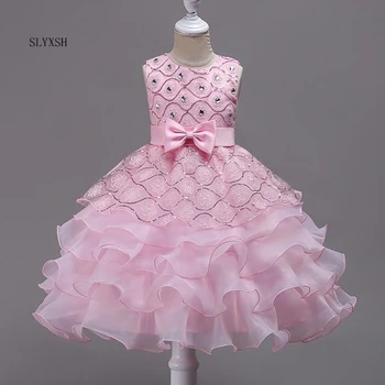 

SLYXSH Girls Flower Formal Party Ball Gown Prom Princess red dress Wedding Children Girl Diamond Princess Dress
