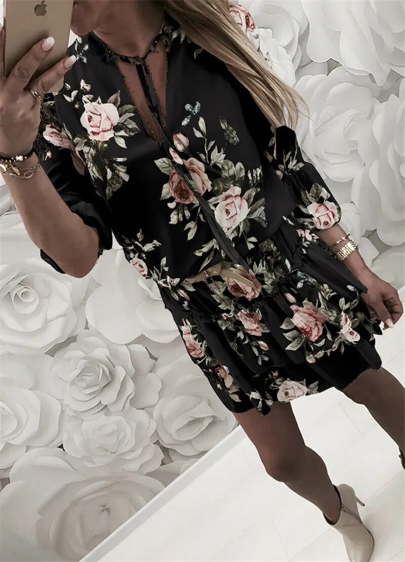 

Summer Women Shorts Dress Chiffon Floral Summer Holiday Party Beach Boho Mini Dress Sundress V-neck Ruffled Dress