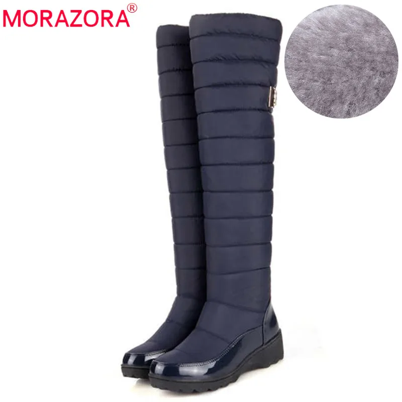Baratos MORAZORA nuevo 2019 mantener caliente botas de nieve de moda de mujer plataforma de piel muslo alto sobre la rodilla botas de felpa de las señoras calientes botas de invierno