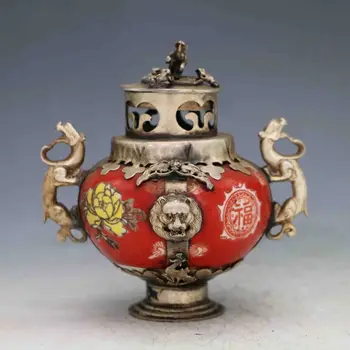 

CHINESE PORCELAIN INLAID TIBETAN SILVER&MONKEY LID INCENSE BURNER