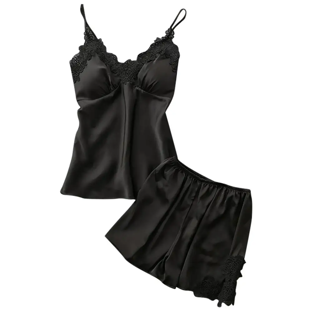 

Womens Sexy Satin Sling Sleepwear Lingerie Lace Nightdress Underwear Set simple solid sexy women 2pcs majamas sets #7