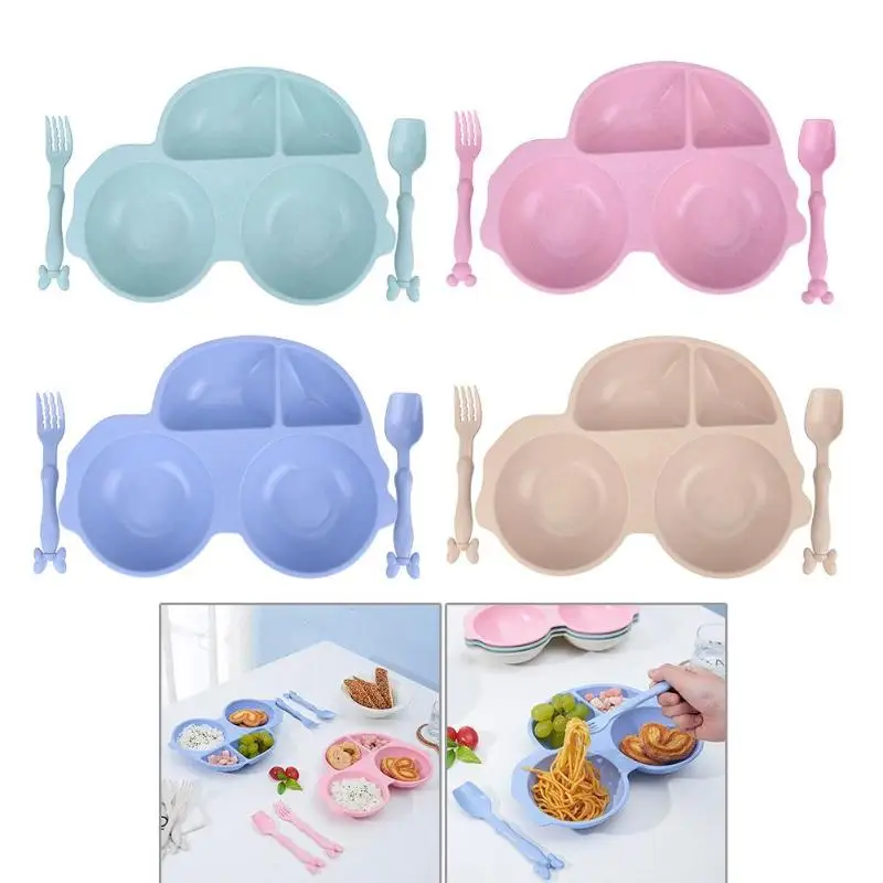 

Children Sub Grid Plate Bowl Creative Plate Kids Wheat Straw Tableware Set Baby Feeding Props Cute Car Shape Tableware