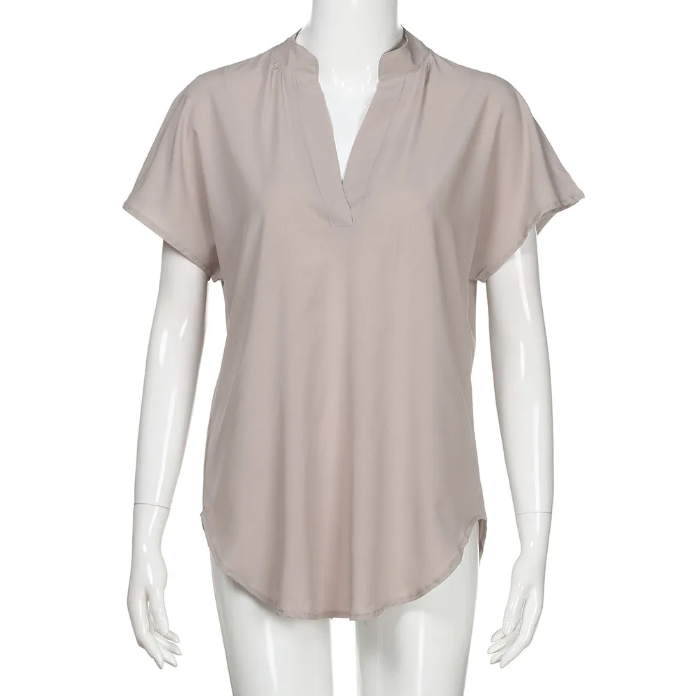 Модная женская летняя шифоновая блузка с коротким рукавом и глубоким v-образным вырезом, повседневная женская одежда, женская блузка размера плюс - Цвет: khaki
