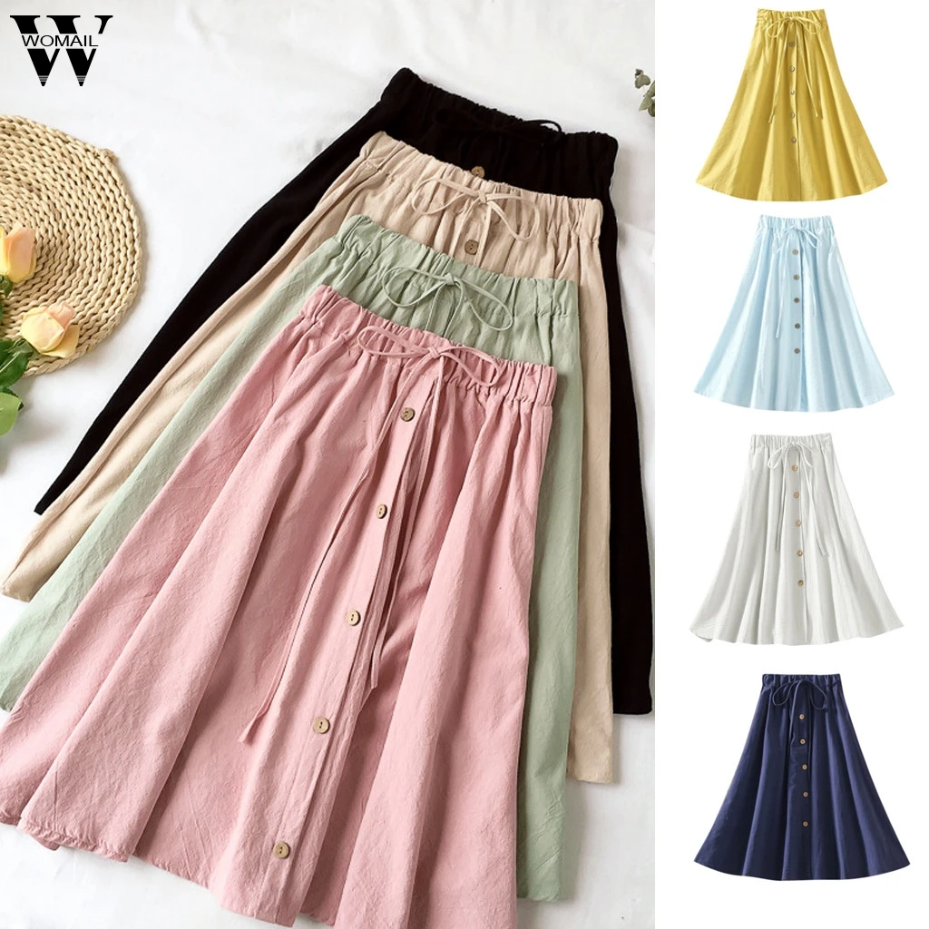 

Womail Skirt Ladies Skirts Summer Casual Women Elastic High Lace Waist Wild Loose Solid Button Leisure Flax Skirt 19 Jue05