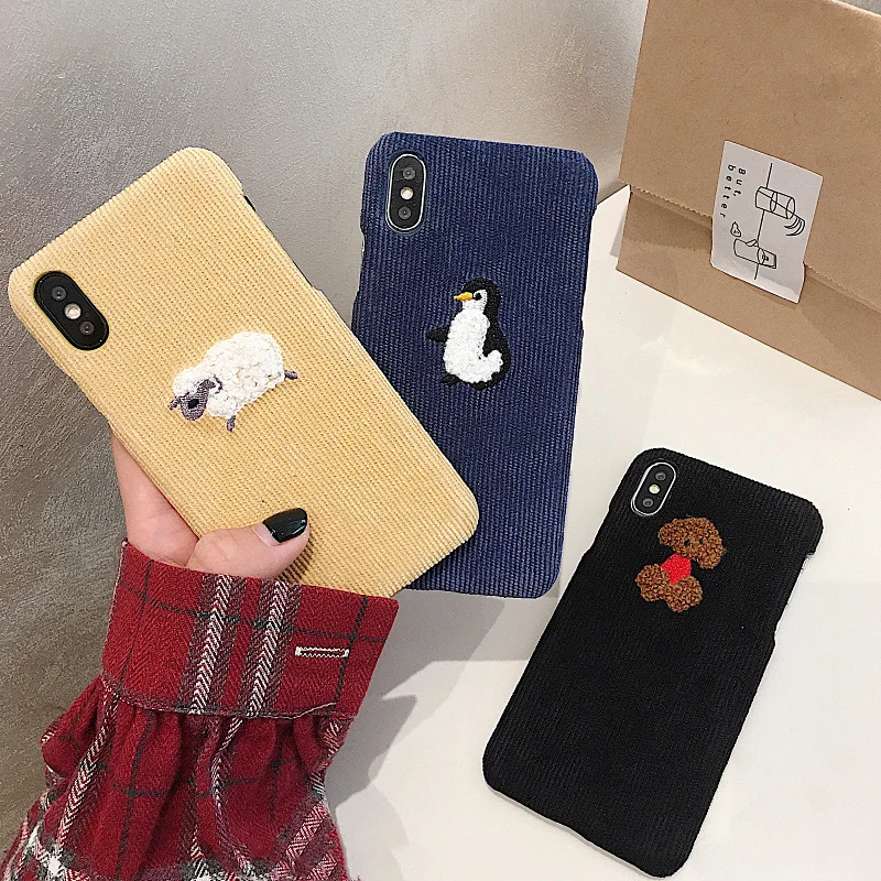

Cute Dog Sheep Embroidery Phone Case For iphone 7 8 6s 6 plus Case For iphone X XS Max XR Cover Fashion Warm Corduroy Hard Cases