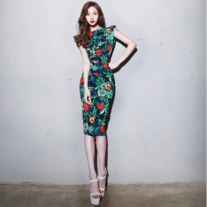 

Vintage Elegant Women Summer Sleeveless Dress Floral Print Party Dresses Female Sexy Slim Office Pencil Bodycon Dress Plus Size