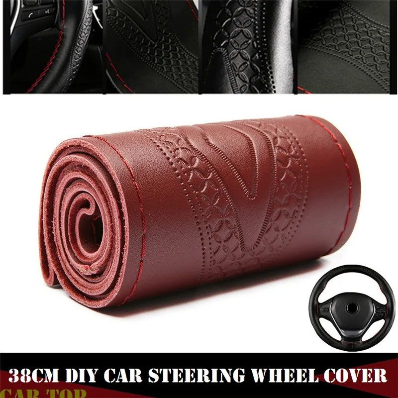 Steering Wheel Braid Fashion Embossed Car Steer Wheel Case Car Accessories 38CM Genuine Leather Steering Wheel Cover