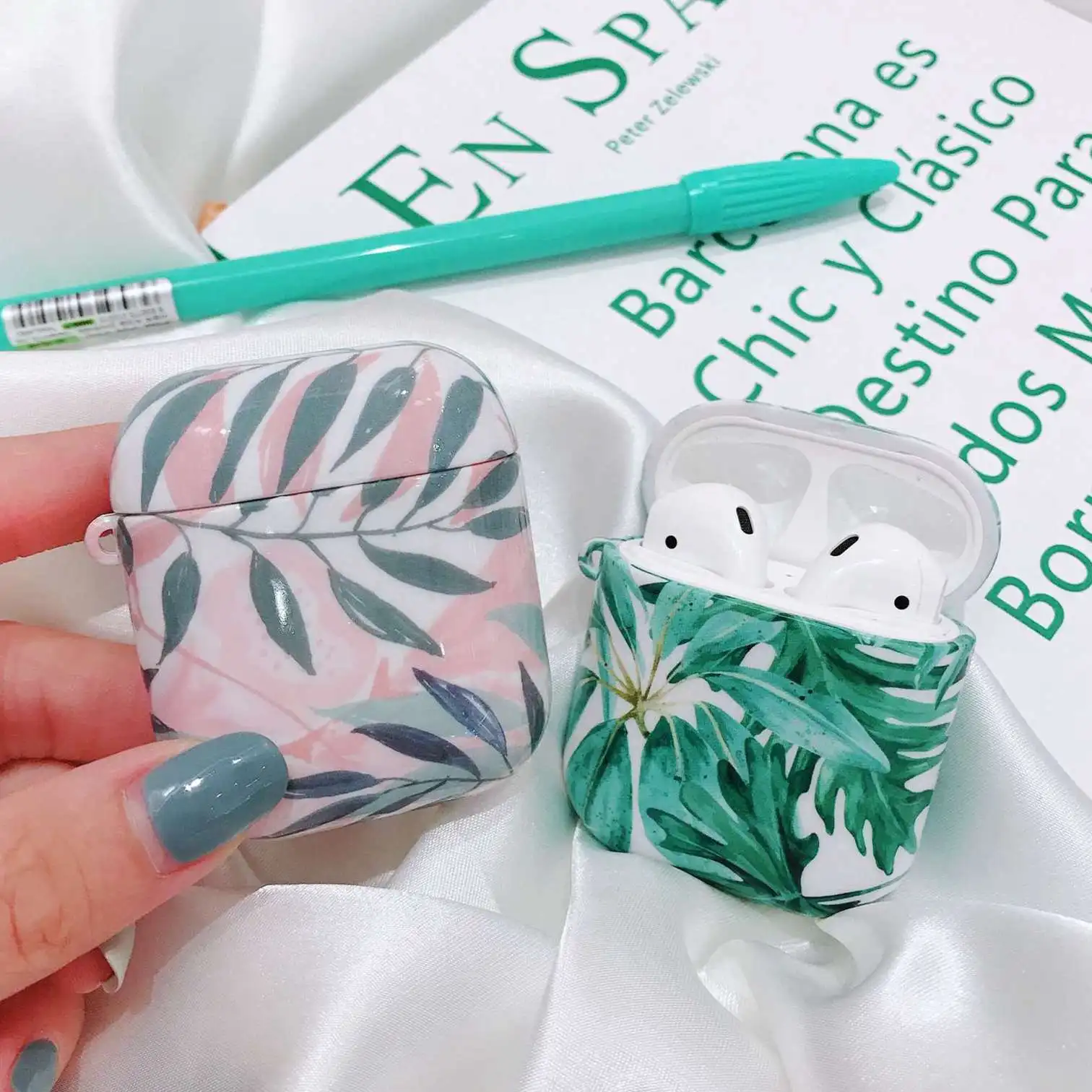 

For AirPods Case Summer Fashion Oil Painting Leaf Protective Cover Bluetooth Earphone Case For Air pods 2 hard Case fundas