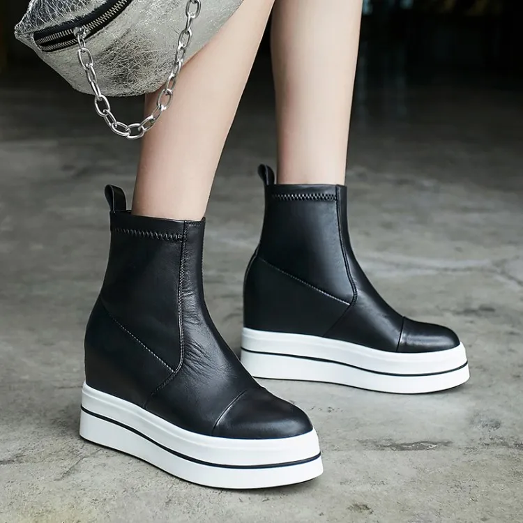 D'hiver Hauteur Chaussons Bottes Véritable Mode Cheville forme {zorssar} Croissante Femme Cuir Courtes Plate Wedge Femmes En Talons Noir aPawfC0q