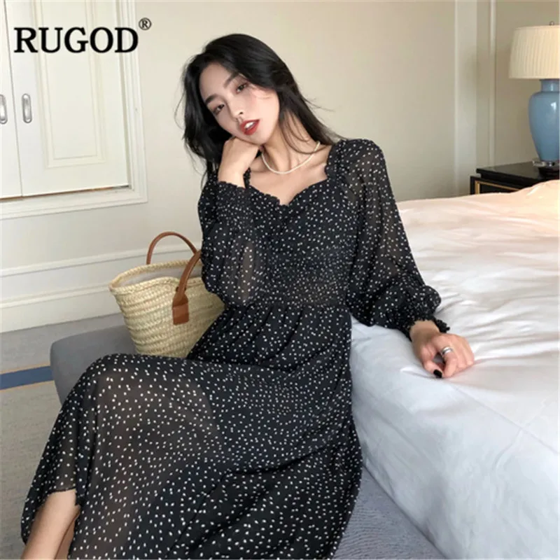 

RUGOD Elegant women dress spotted v neck lantern sleeves chiffon high waist silky modis spring dress korean style sukienki