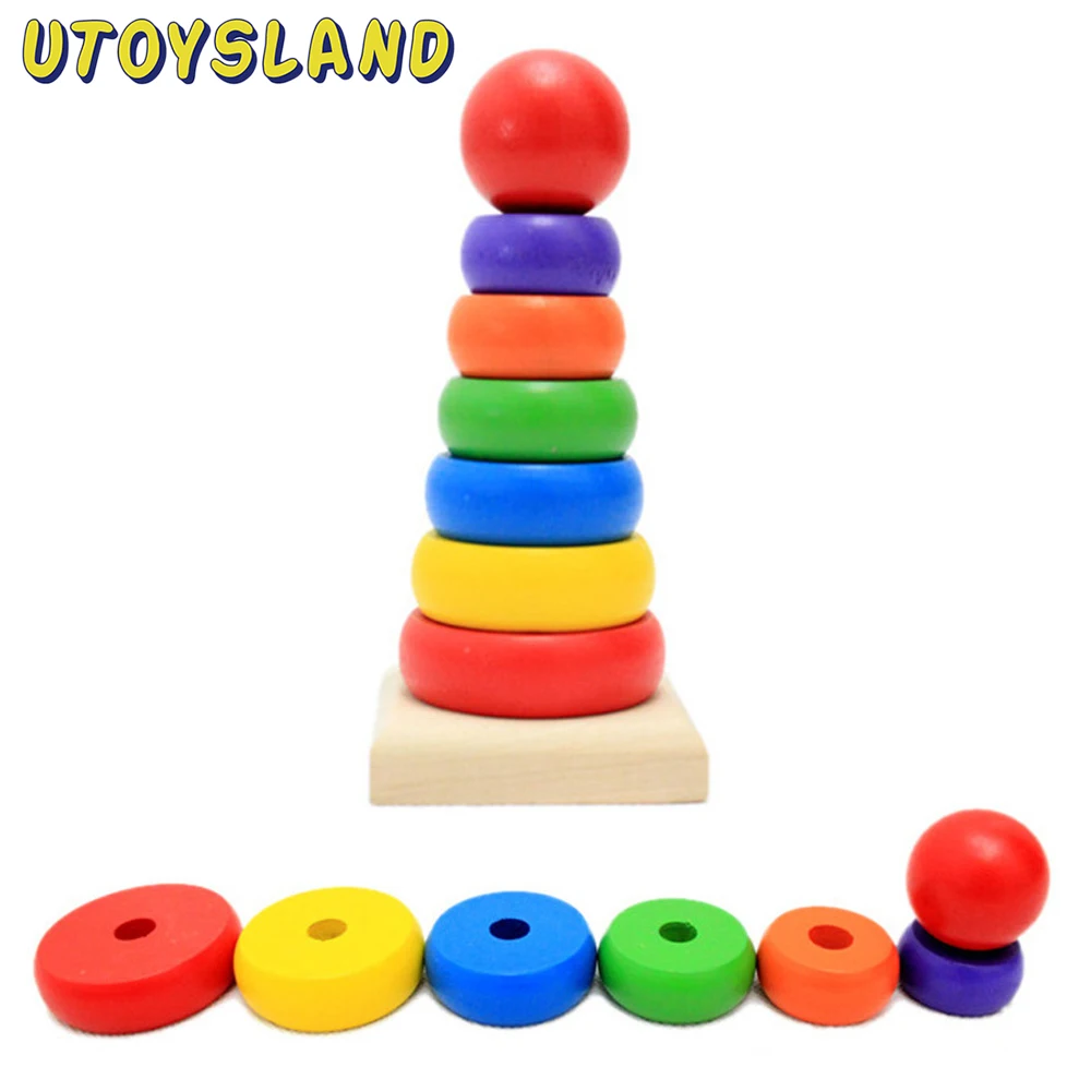 UTOYSLAND Rainbow Stacker Blocks Wooden Toy Colorful Tower Montessori