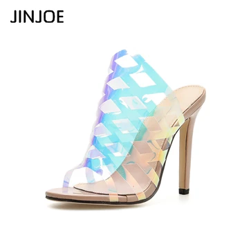 

JINJOE PVC Transparent Women Shoes Jelly Silver Slippers Gladiator Hollow out High Heels Thin Heel Sandals Party Slippers
