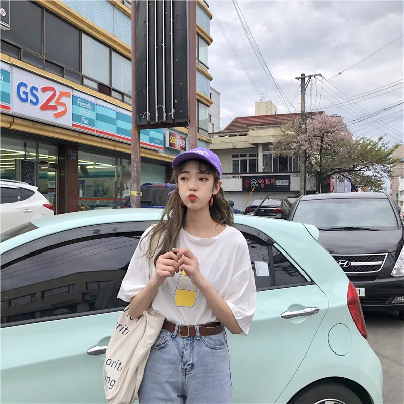 Simple Chinese letter purple causal college wind printed 2018 new light short sleeve cotton female tees