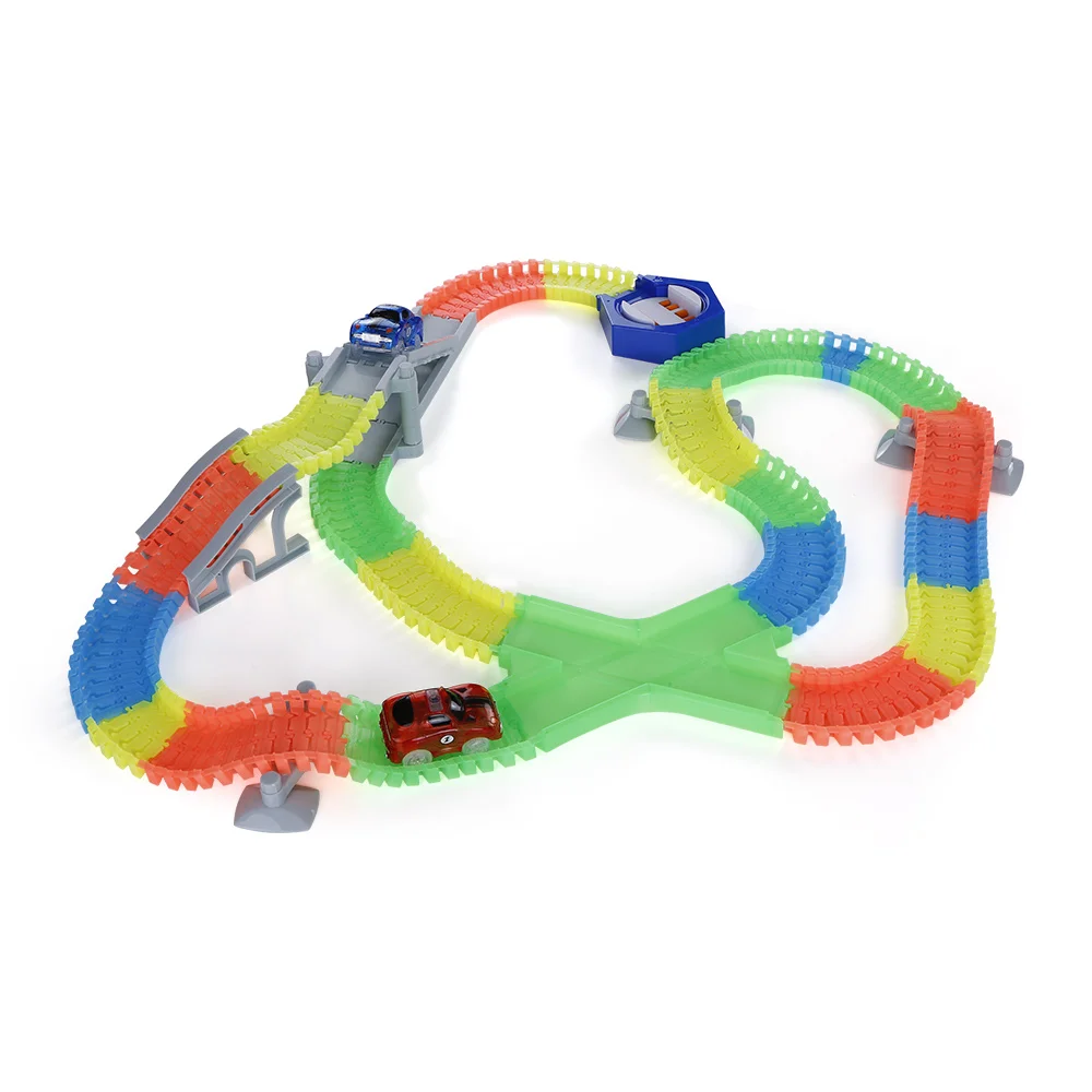 

225PCS Glowing Race Car Twisted Tracks Flexible Assembly Neon Glow in Dark with Automatic Rotation Track Race Car toys Children