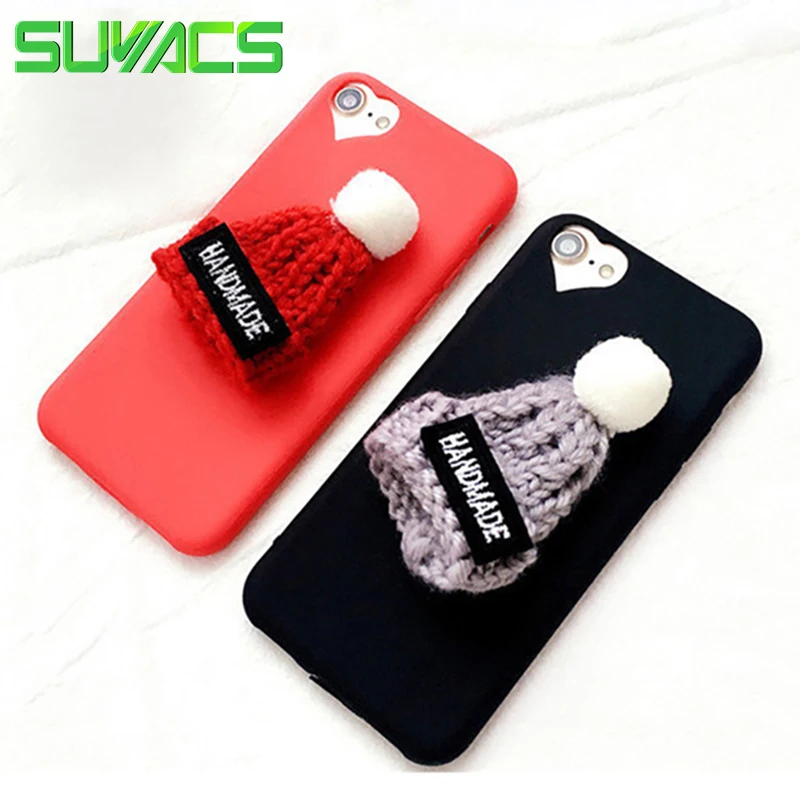 

SUYACS DIY Cute Christmas Hat For iPhone 7 8 Plus 6 6S 5 5S SE Case Winter Fuzzy Hand-Made Knitted Soft Phone Housing Bag Cover