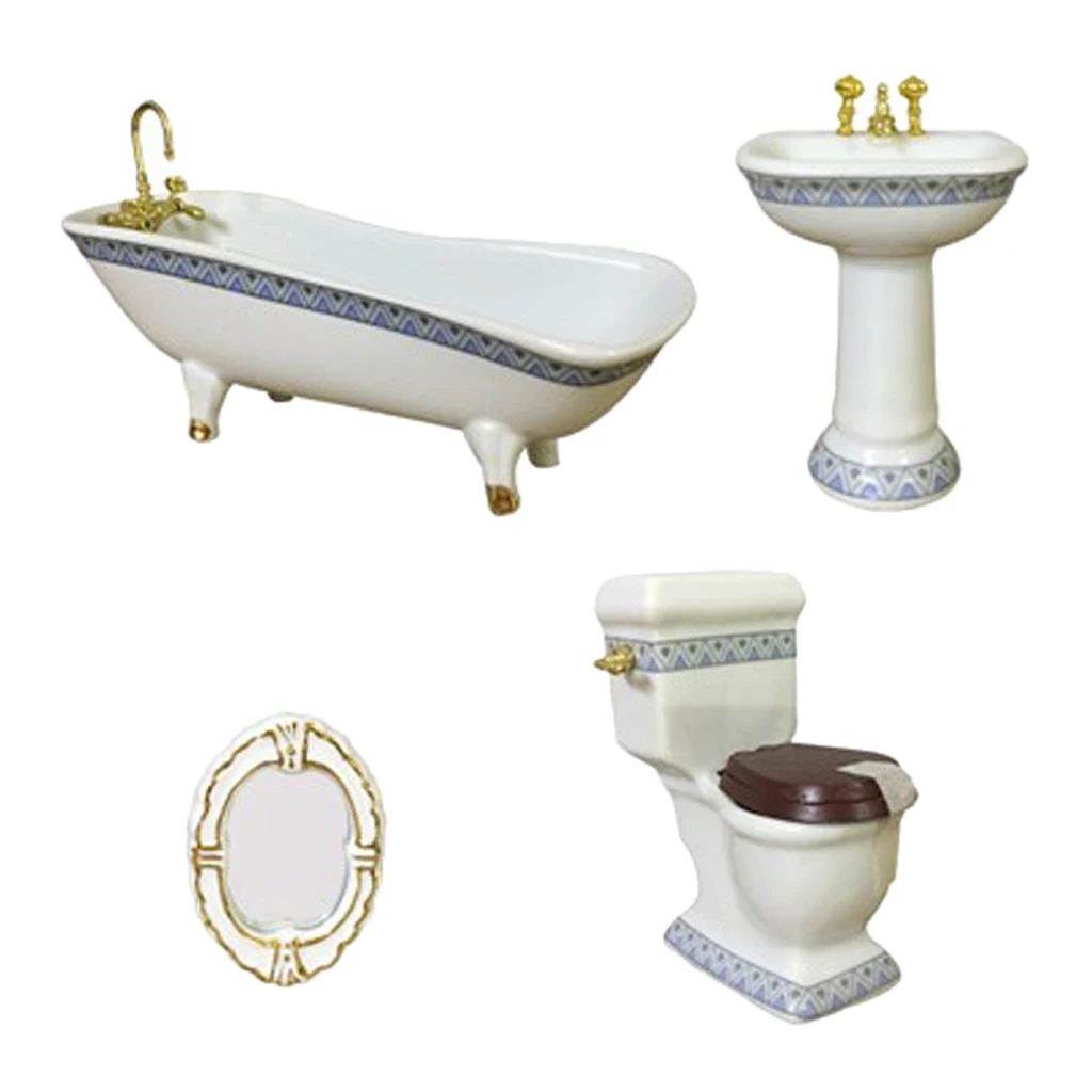 1:12 Miniature Bath Accessory Bathtub Toilet Sink Mirror, 4-Piece Dollhouse Bathroom Accessories, Dollhouse Decorations Kit