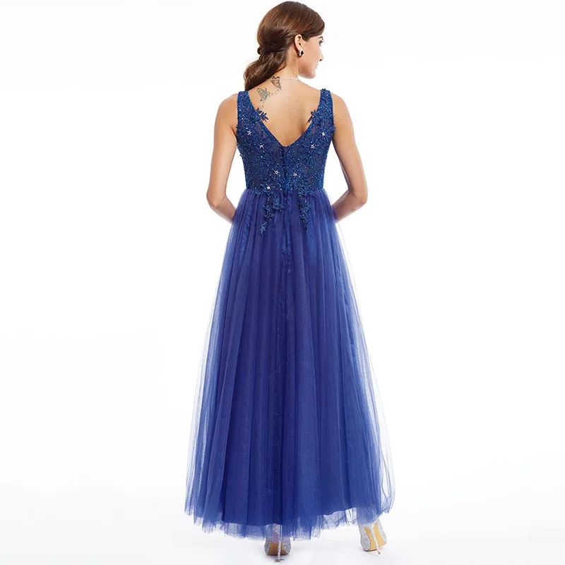 Tanpell v neck prom dress dark royal blue sleeveless ankle length a line dresses formal evening cheap beaded appliques prom gown