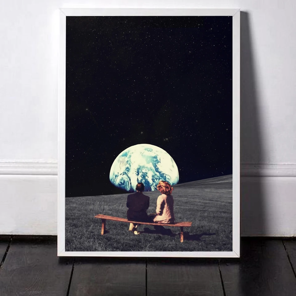 

Prints Earth Night Sky Art Canvas Posters Surrealism Galaxy Space Moon Canvas Painting Swing Cosmic Wall Pictures Sci-Fi Decor