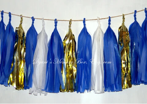 Set Of 15 Mixed Gold Royal Blue White Party Tissue Paper Tassels