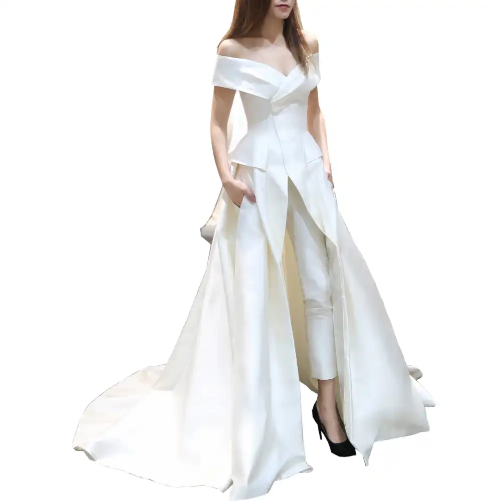 white bridal pantsuit with train