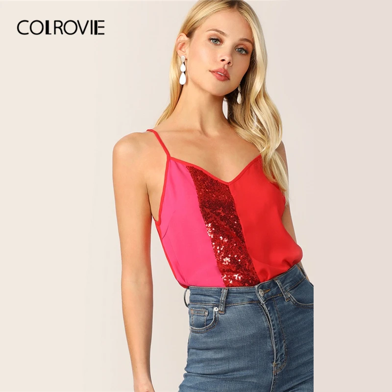 

COLROVIE Sequin Panel Colorblock Cami Top Women Clothing 2019 Summer Glamorous Spaghetti Strap Sleeveless Vest Ladies Sexy Tops