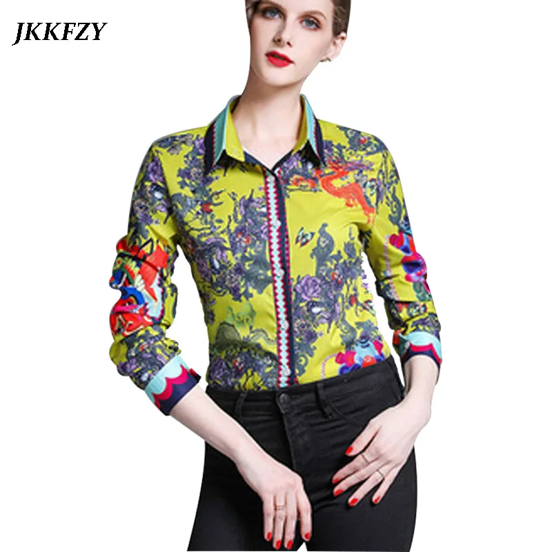 

Designer Women Elegant Runway Blouse Long Sleeve Turn Down Collar Button Tops Office Lady Vintage Print shirt
