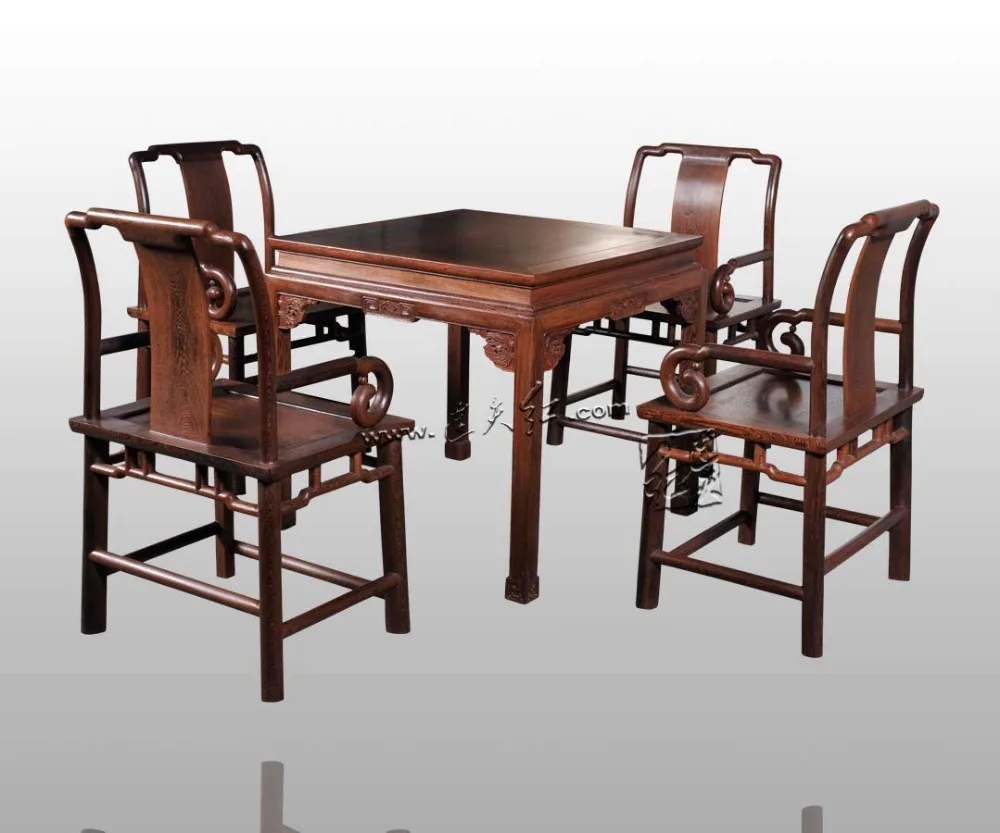 Dining Living Room Furniture Set 1 Table & 4 Chair Rosewood China Carven Crafts Annatto Solid Wood Square Desk Mahogany Armchair