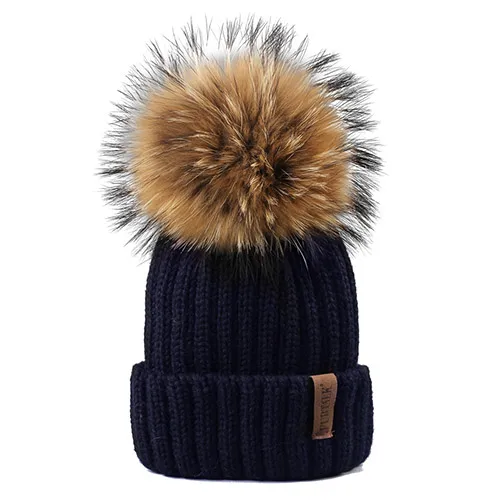 Furtalk Knitted Real Fur Hat 100% Real Raccoon Fur Pom Pom Hat Winter Women Hat beanie for women