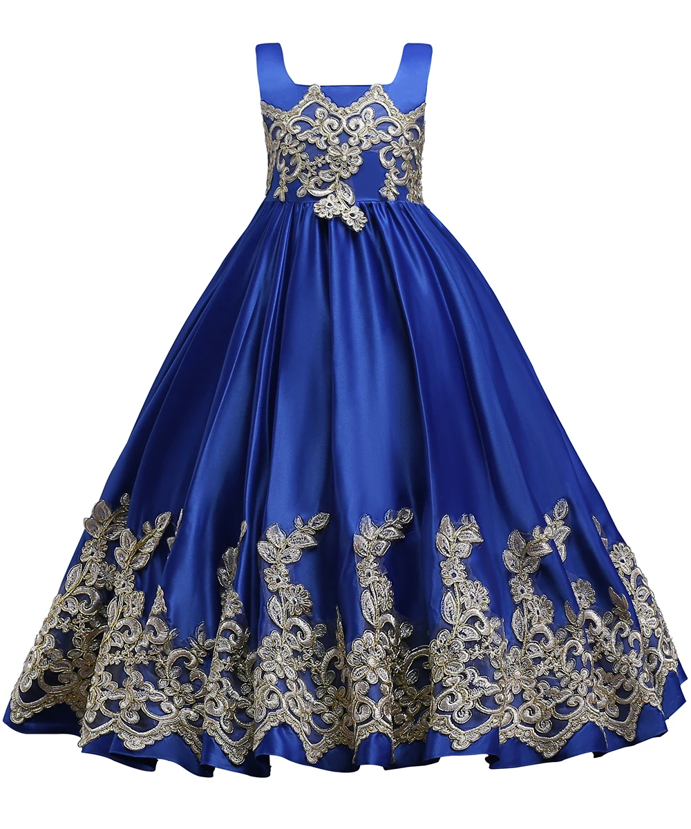 Real até o Chão Vestidos da Menina Vestidos de Festa Princesa Azul Flor Ouro Applique Meninas Pageant Vestido Primeira Comunhão 5 vestido primeira comunhão vestidos de festa