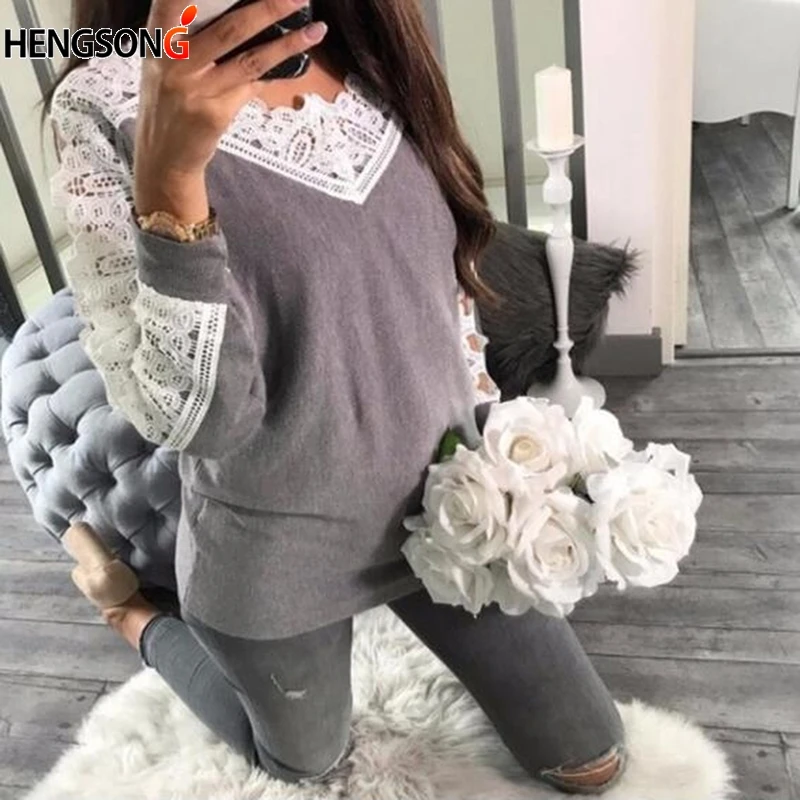 

2019 Autumn Women New Fashion Sexy Lace Stitching Women Blusas Sexy Silm Long Sleeve Round Neck Blusas For Women Hot Sale