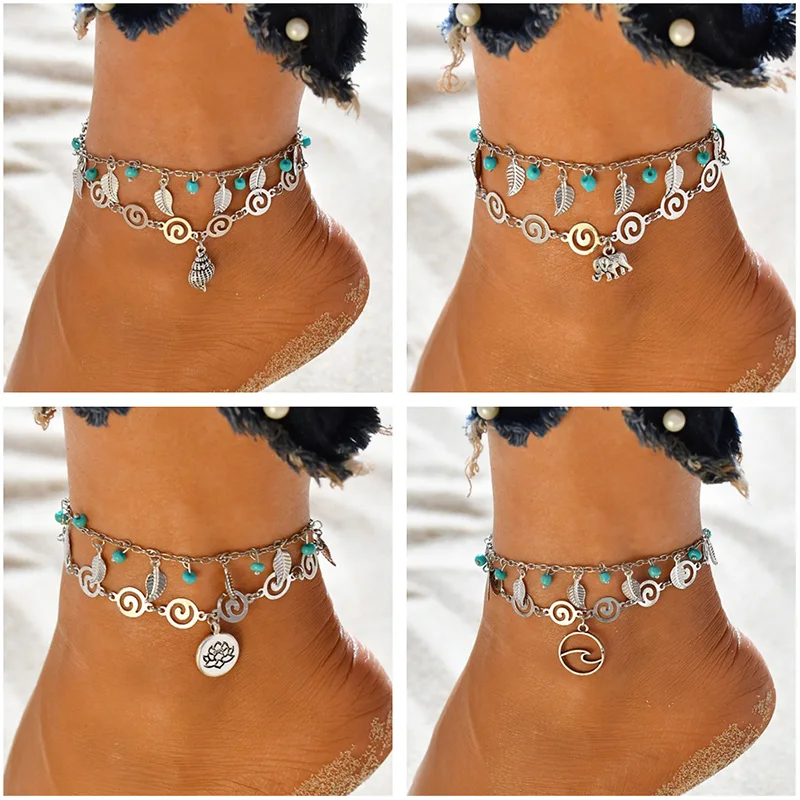 

Vintage Howlite Stone Beads Anklets For Women Boho Multi Layer Beach Turtle Wave Shell Lotus Chain Anklet Leg Bracelet Jewelry