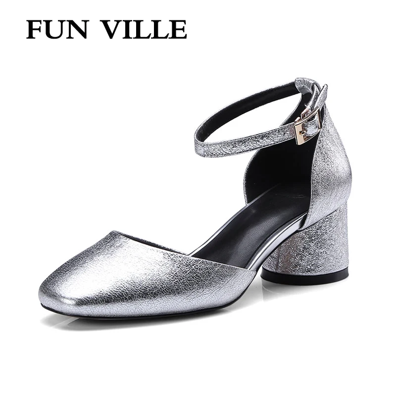 

FUN VILLE 2018 Spring New Fashion Sheepskin pumps women's shoes Silver High heels Square toe Sexy Ladies Casual shoes Buckle
