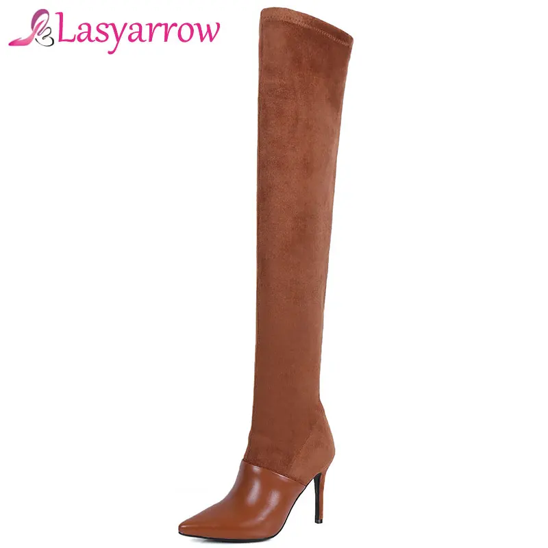 

Lasyarrow Genuine Leather Long Boots Zipper Suede Sexy Slim Thigh High Boots High Heels Stiletto Over the Knee Boots Pointed toe