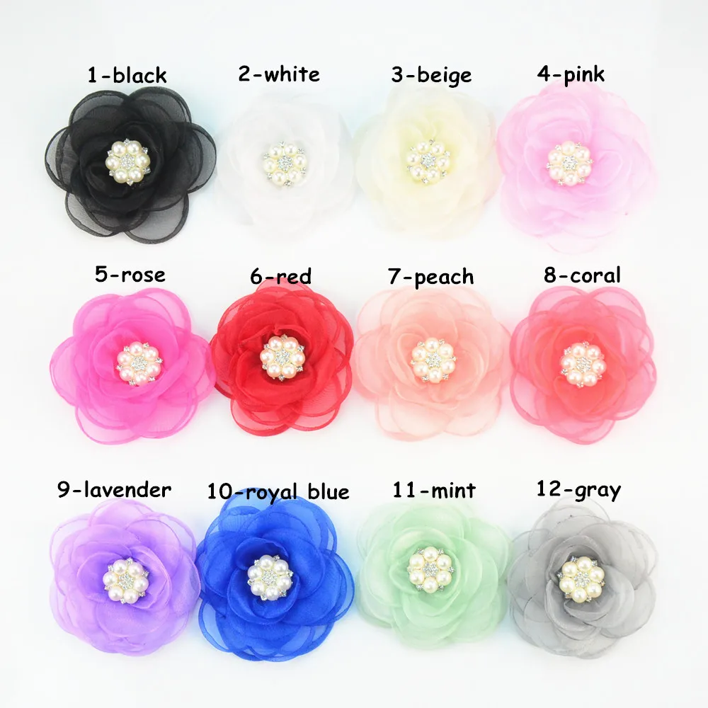 

30 pcs/lot, 3.5 inch Sheer Organza Flower with Crystal Pearl, Burned Edges Fabric Flower for DIY headband hair accessories