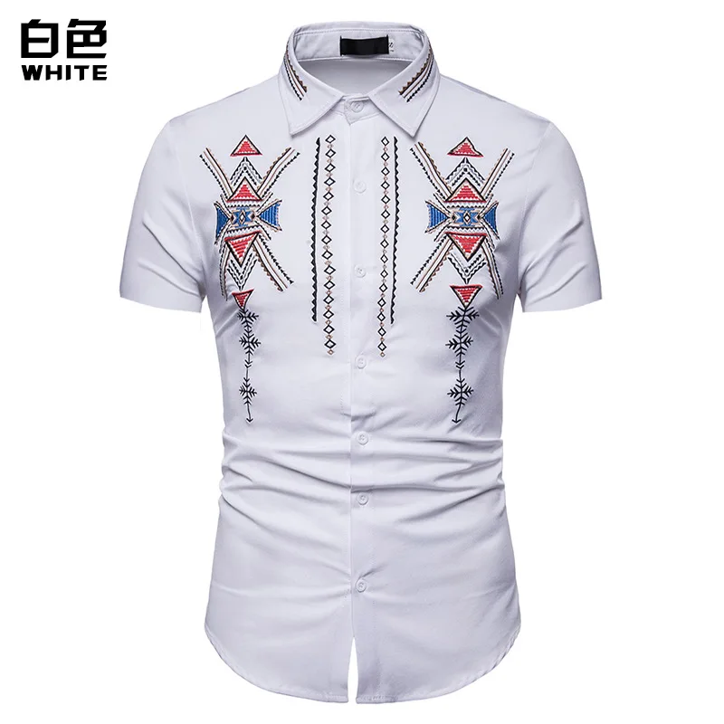 FFXZSJ Лето Мода Тотем вышитые рубашки slim fit короткий рукав Camisas в новая кнопка Повседневная рубашка Этническая рубашка для мужчин - Цвет: DA08-white