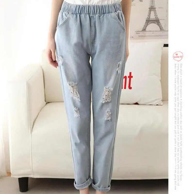 

New 2017 Fashion Brand Women Blue Cotton Blended Hole Loose Waist Cowboy Nine Points Women's Brand Jeans