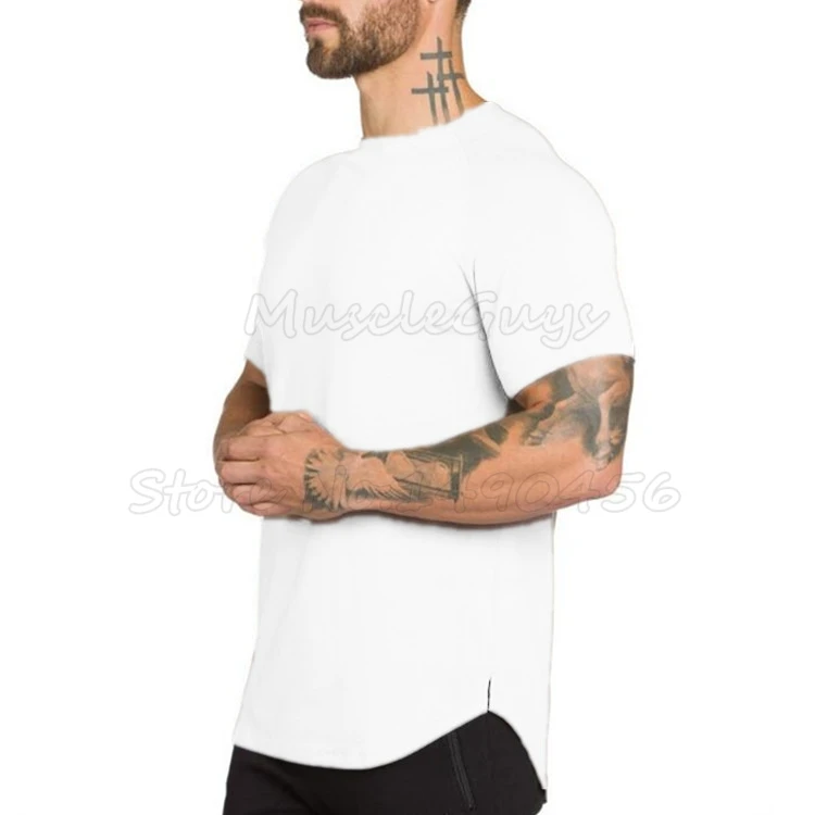 Брендовая одежда для тренажерного зала, футболка для фитнеса, Мужская модная удлиненная футболка в стиле хип-хоп, летняя футболка с коротким рукавом, хлопковая футболка для бодибилдинга, брендовая футболка для парней