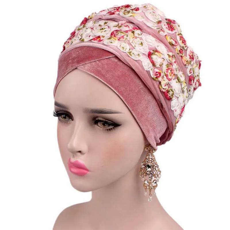 

New Lady Velvet Turban Extra Long Head Wrap Headscarf Woman Hijab Cap Bandanas Turbante Women 3D Rose Flower Nigerian