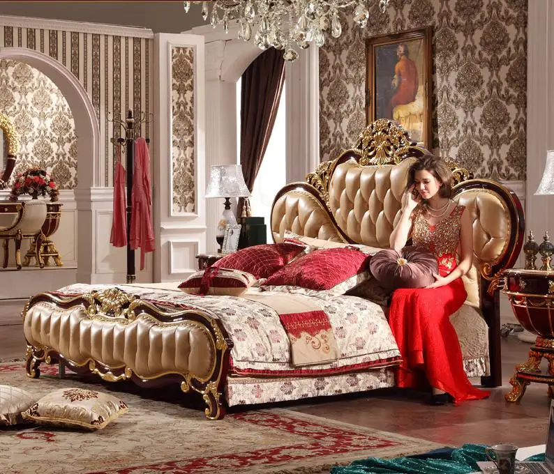 النمط الأوروبي السرير ، السرير المزدوج ، الجلود-السرير ، الصلبة الخشب ، نوم مجموعة