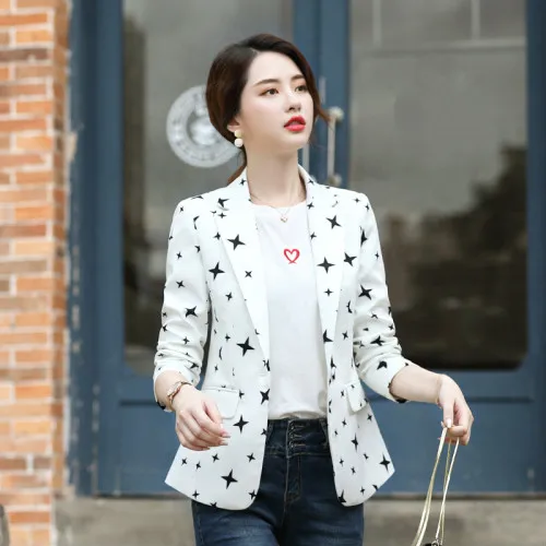 Flash Sale 2019 Autumn New Professional Temperament Clothes Five-star Print One Button Women Fashion Black Work Wear Female Suit Plus Size
