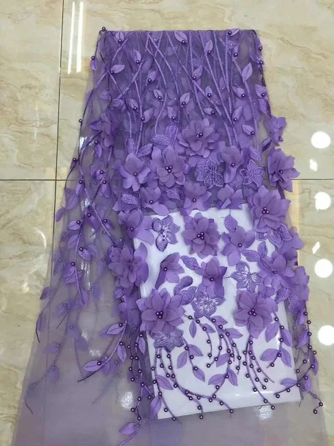 

African 3D Beaded Lace Fabric 2019 High Quality Lace French Net Lace Appliques Purple Nigerian Tulle Lace Fabrics F11