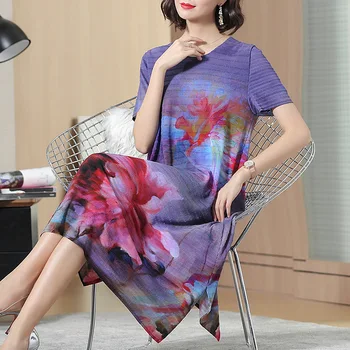 

Women 20196 Summer Printed O-neck Dress Female Elegant Loose Short Sleeve Dress Lady Fashion Vintage Knee-length Dresses XL-01